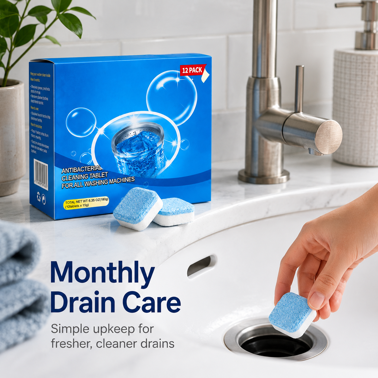 TIMNAMY®Drain Cleaning Tablets 12 Pack For Sinks, Showers & Washing Machines