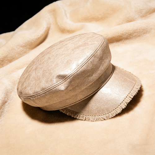 FrayedChic Captain: The Beige Textured Faux Leather Newsboy Cap