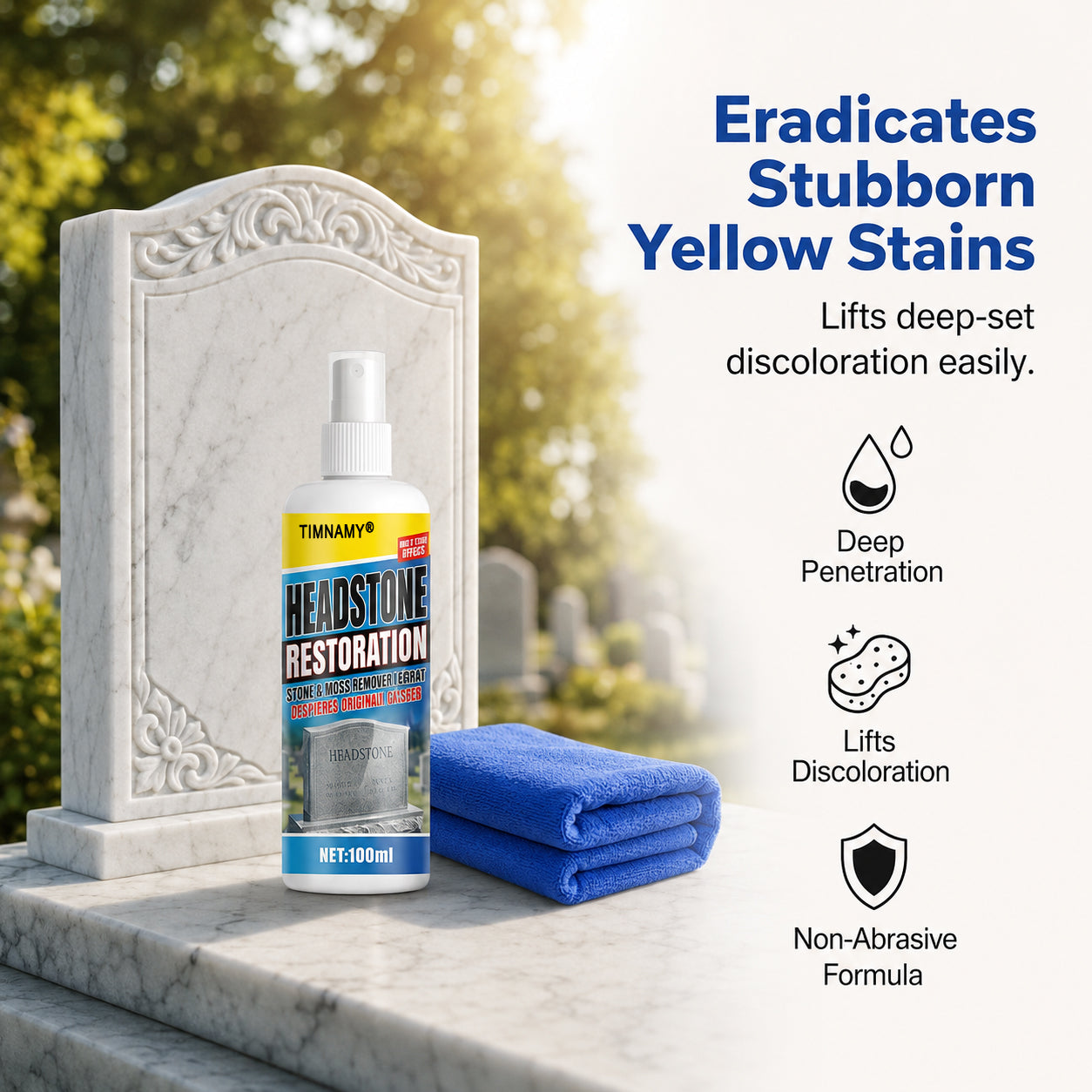 ✨ TIMNAMY®Ultimate Memorial Stone & Headstone Cleaner Spray | Safe on Granite & Marble | Removes Algae & Yellow Stains 🌿🕯️