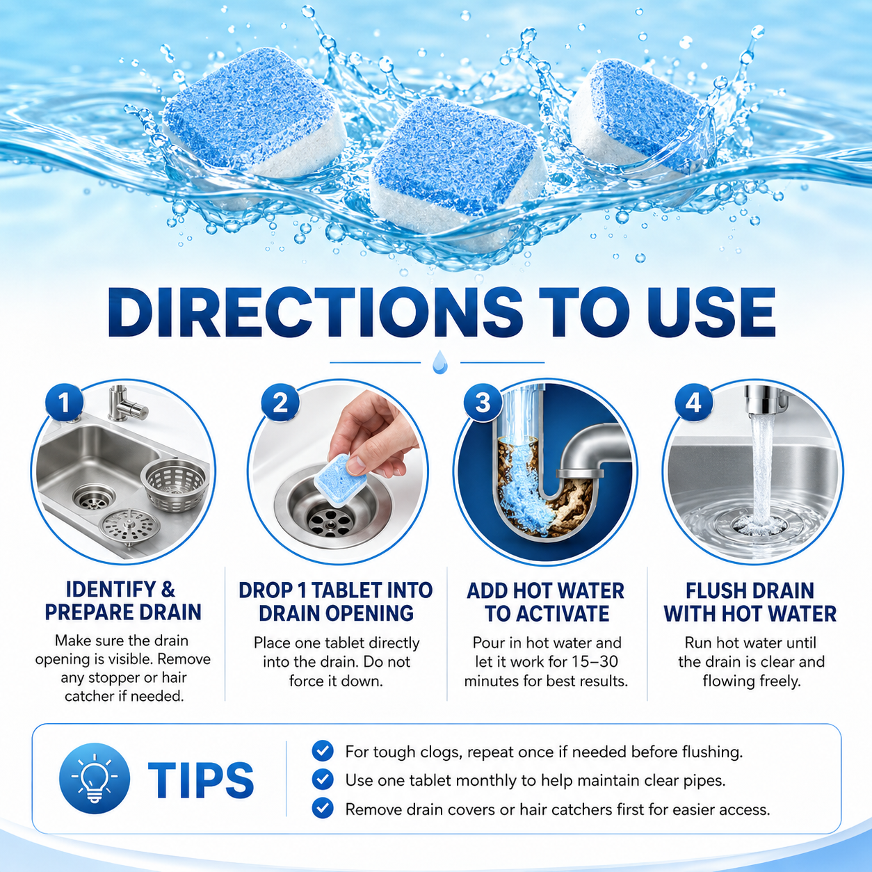 TIMNAMY®Drain Cleaning Tablets 12 Pack For Sinks, Showers & Washing Machines