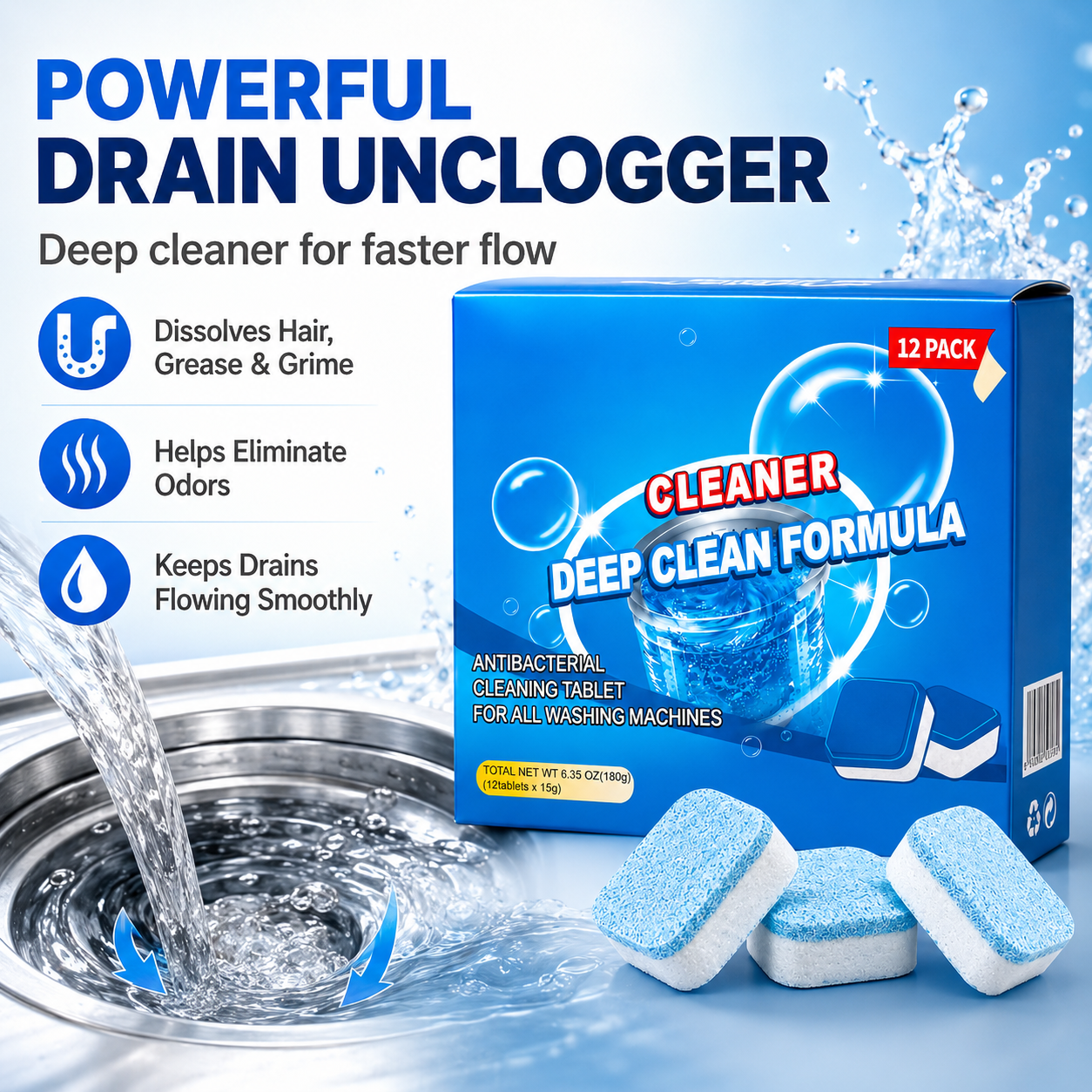 TIMNAMY®Drain Cleaning Tablets 12 Pack For Sinks, Showers & Washing Machines