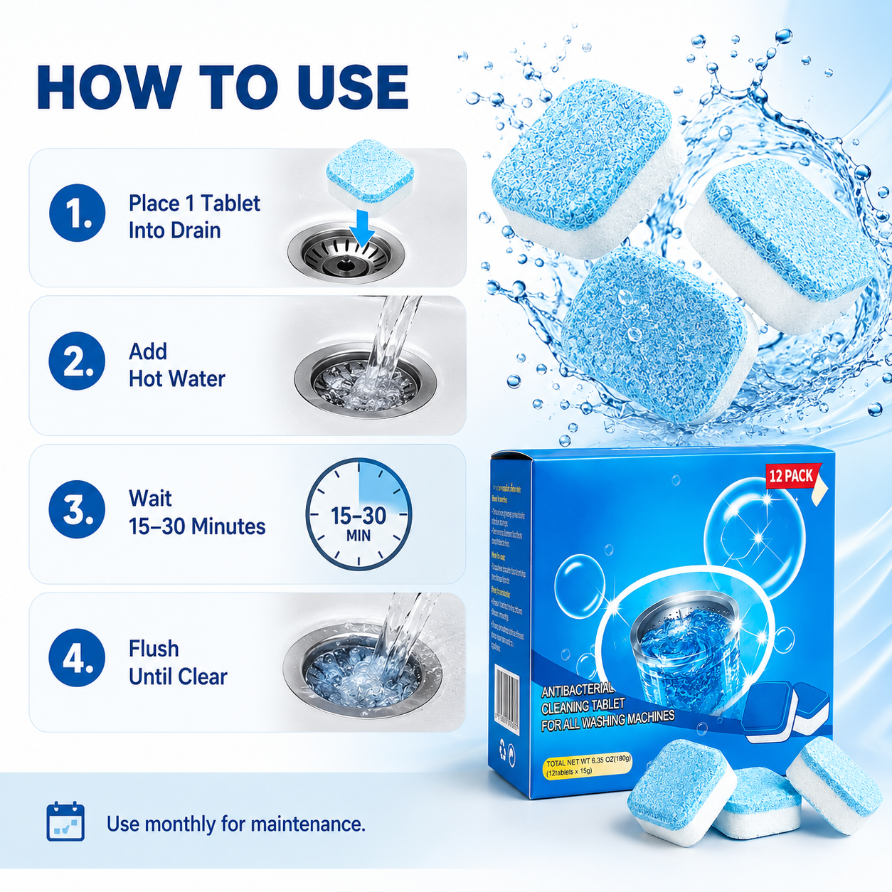 TIMNAMY®Drain Cleaning Tablets 12 Pack For Sinks, Showers & Washing Machines