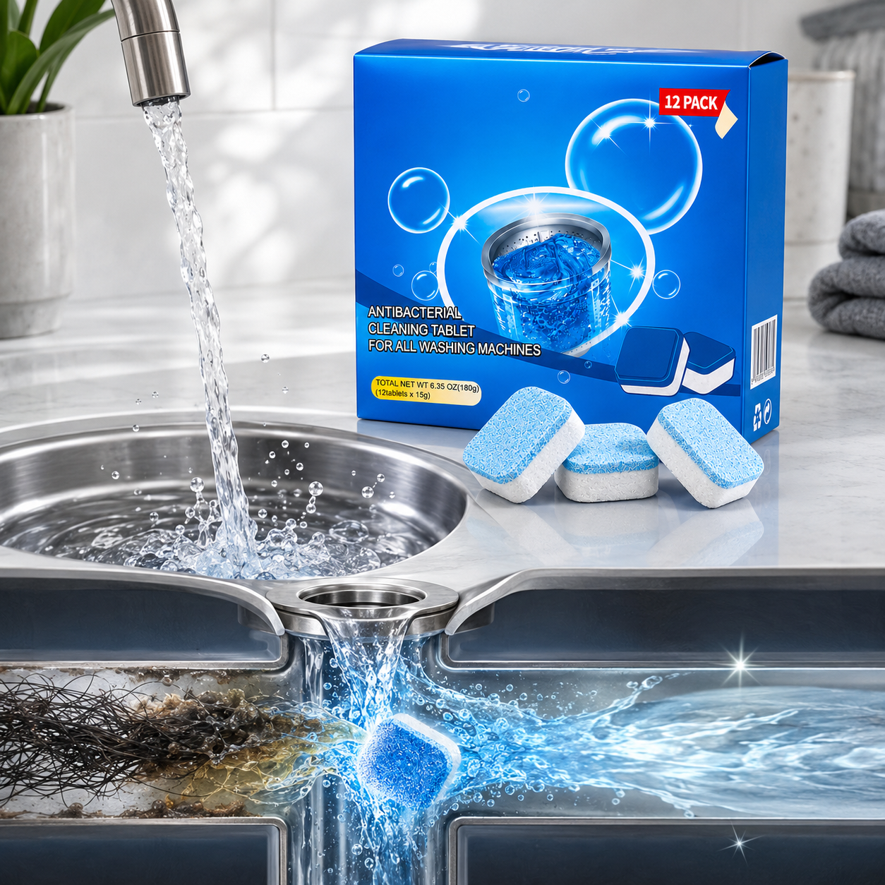 TIMNAMY®Drain Cleaning Tablets 12 Pack For Sinks, Showers & Washing Machines